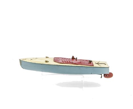 A Trix Battery-electric Boat: with light blue hull, cream deck and red cover, fitted with Trix construction-type motor and 'T