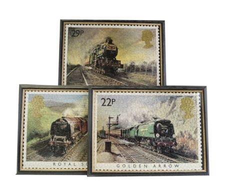 Three Framed Jigsaws: Cheltenham Flyer', 'Golden Arrow' and 'Royal Scot' , as 22p 31p and 39p Stamps issued by the Royal Mail