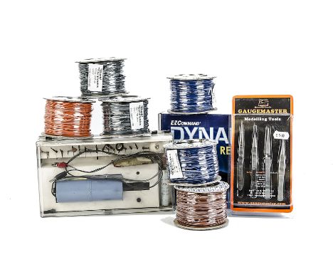 Layout Wiring and Tools: ex-shop stock, including fifteen 100m rolls of coloured wire, 'Expo' 12v modeller's drill set, plier