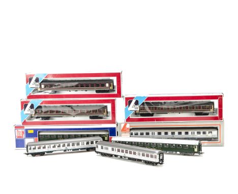 Continental HO Gauge Express Coaching Stock by Lima Jouef and others: including a rake of four in FS maroon/grey by Lima, fou