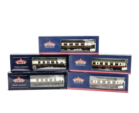 Bachmann OO Gauge Coaching Stock: comprising 39-027H and 39-052F in BR crimson/cream, two 39-102A WR Restaurant cars in brown