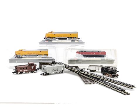 N Gauge Locomotive Stock and Track by Various Makers: including a Minitrix 0-6-0T Locomotive, five British freight stock, thr