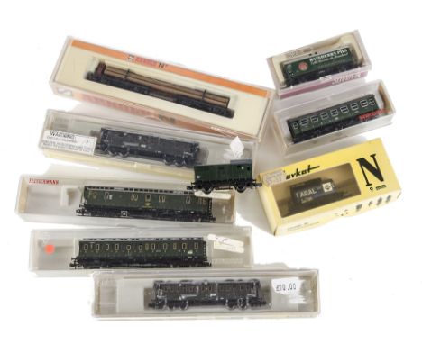 N Gauge Continental Rolling Stock by Fleischmann Arnold and others: comprising two Fleischmann suburban bogie coaches and a 6