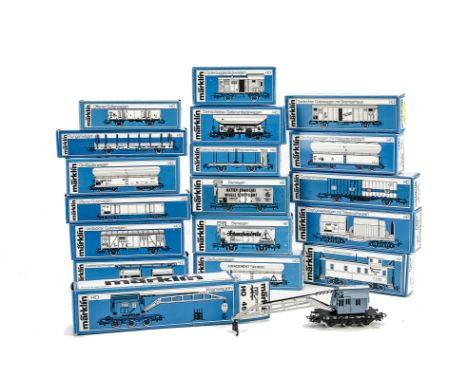  Märklin HO Gauge Freight Stock:  in blue/white boxes, including 4671 Kranwagen, 4691 side-emptying hopper and fifteen others