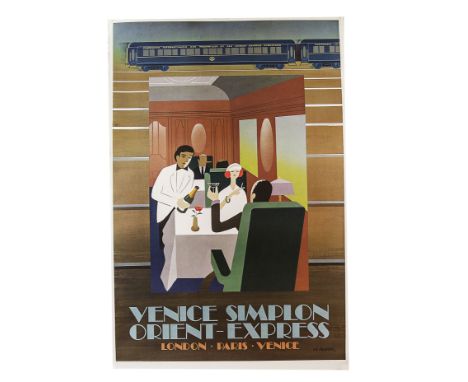 A Fix Masseuau 1979 Venice Simplon Orient Express Poster, depicting a couple being served onboard a Dining Car, First Edition