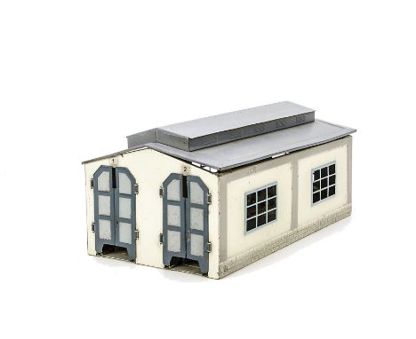 A  Märklin HO Gauge 2-Road Engine Shed, metal construction in cream with light blue windows and grey roof, G