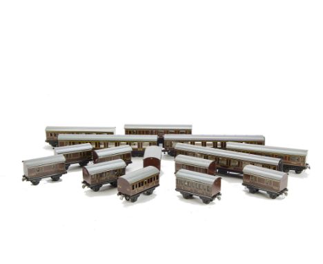 Trix Twin Railway OO Gauge LMS Coaching Stock: comprising scale-length Dining Car and two Brake/3rd coaches, three 7" coaches