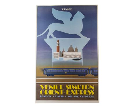 A Fix Masseuau 1979 Venice Simplon Orient Express Poster, depicting Wagon Lit Carriages with Venice in the background, First 