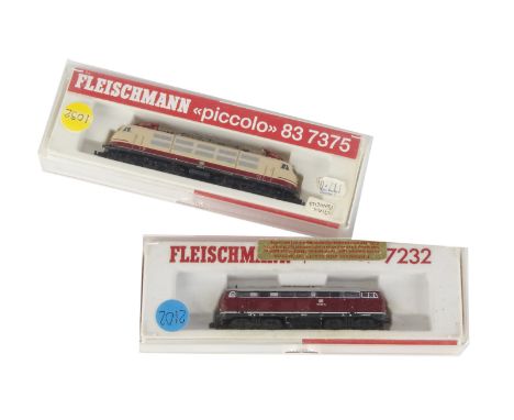 Two N Gauge Continental 'Modern' DB Locomotives by Fleischmann: comprising ref 83 7375 Co-Co electric no 103 163-2 in crimson