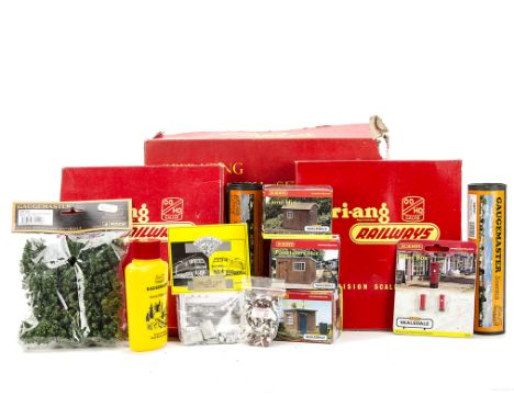 OO Scale Scenic Accoutrements by Hornby Gaugemaster and others: including four small Skaledale Buildings, Preiser figures, Ga