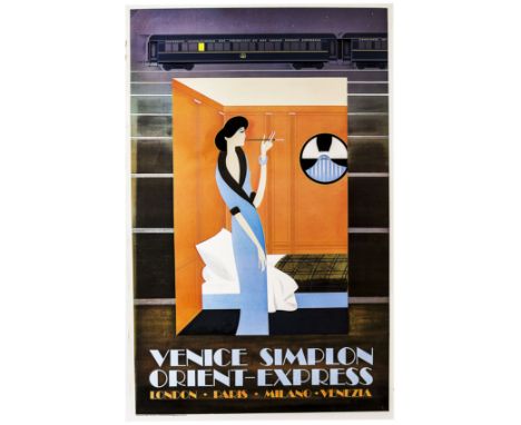 A Fix Masseau 1979 Venice Simplon Orient Express Poster, depicting a lady in her Couchette onboard a Sleeping Car, First Edit