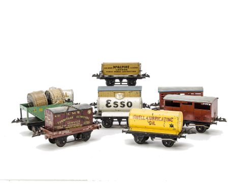 Hornby O Gauge Post-war Freight Stock: including LMS Hopper and Insul Meat, McAlpine side-tipper, No 50 Cattle and Shell tank