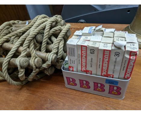 A quantity of model-making Humbrol Authentic Colours paint pots, and Britfix balsa cement, along with a Home Barn rope ladder