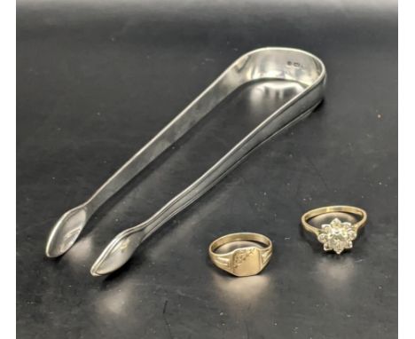 9ct gold signet ring together with a 9ct gold and diamond daisy ring, weight 4.0g together with a pair of sugar tongs, hallma