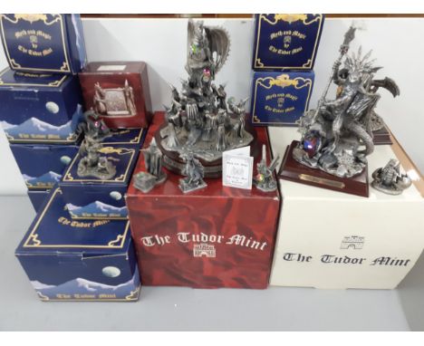 A quantity of mainly boxed Tudor Mint Myth & Magic pewter mystical models with crystal additions to include large modelsLocat