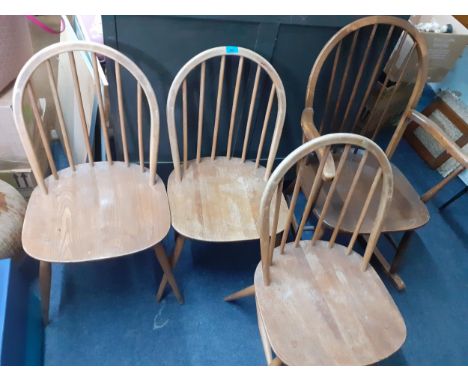 Three mid 20th century Ercol beech and elm spindle back chairs and a rocking chairLocation: RAB 