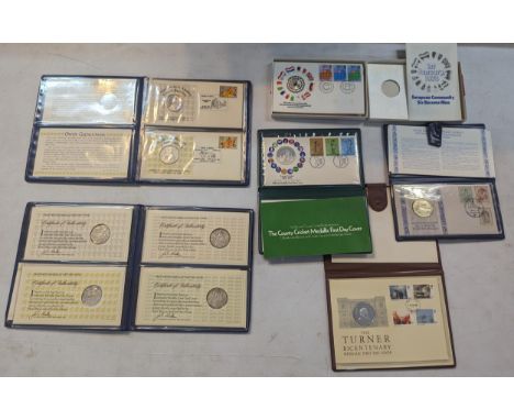 A group of silver first day coin covers to include a 1973 E.E.C Medallic first day cover, County Cricket 1873-1973, The Turne