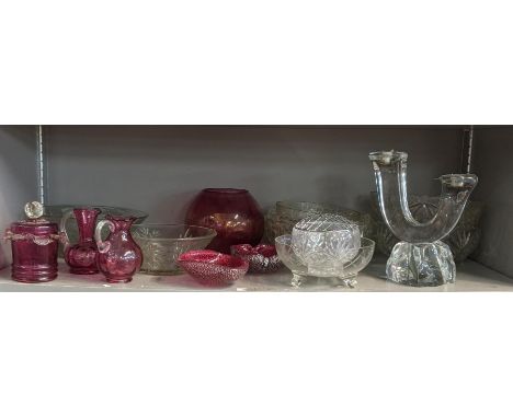 Glassware to include crystal twin candle stick signed 'Daum France' together with cut crystal bowls and studio glassLocation: