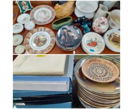 Four Newell Norman Rockwell collectors plates and others together with a white parian style relief jug, a ginger jar with lid