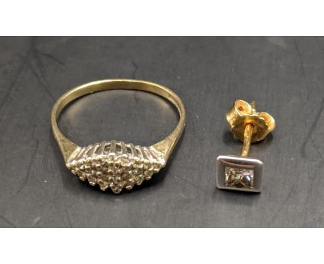 A 9ct gold and diamond cluster ring together with a 9ct and diamond earring, total weight 2.4gLocation: 