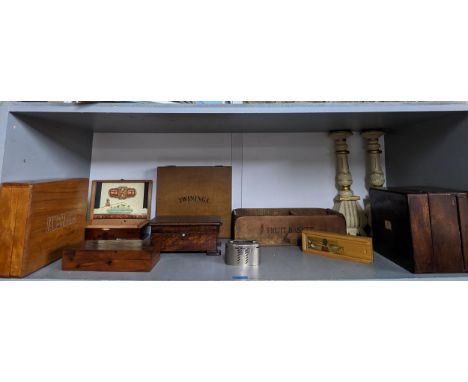 A mixed lot of wooden boxes and other items to include a 19th century oak box with secret drawer, mother of pearl inset carto