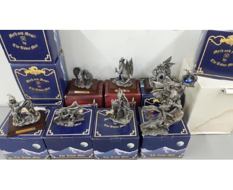 A quantity of boxed Tudor Mint Myth & Magic pewter mystical models with crystal additions to include medium sized models and 