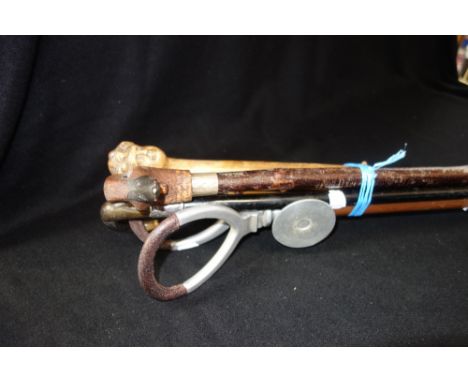 A WALKING STICK with a duck's head, a shooting stick and similar walking stick