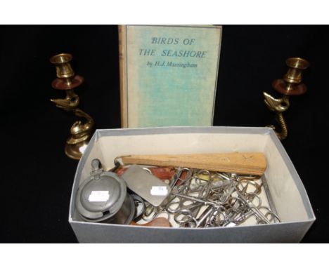 A VINTAGE DUNHILL LIGHTER in the form of a pistol, a collection of Vintage medical equipment, Birds of the seashore book and 