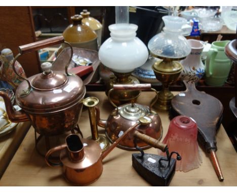 TWO BRASS OIL LAMPS, one with Vaseline glass shade, an Edwardian electric light shade, a pair of bellows, a collection of cop
