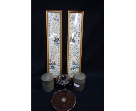 A PAIR OF CHINESE EMBROIDERED CUFFS (framed), two Oriental pewter tea caddies an Oriental hardwood display stand and a compas