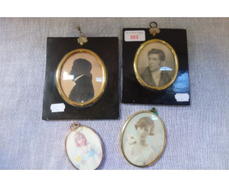 A 19TH CENTURY SILHOUETTE OF A GENTLEMAN, a printed portrait and two miniatures (4) 