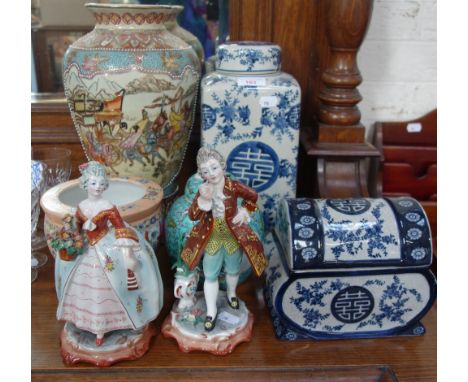 A COLLECTION OF REPRODUCTION ORIENTAL CERAMIC VASES AND JARS and a pair of Italian figures in period costume