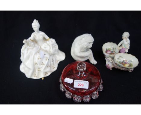 A ROYAL DOULTON FIGURE, "Antoinette" HN 2326, a cranberry glass powder bowl, a Continental ceramic serving dish with figure a