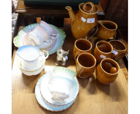 A 1960S HOLKHAM POTTERY COFFEE SET, a Royal Albert 'Rainbow' part tea set and a Goebel cat ornament