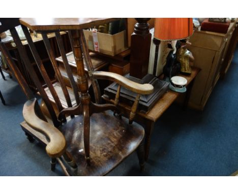 A MAHOGANY TORCHERE, a Regency tripod table, a 19th century lath back chair (examine) and an oak table