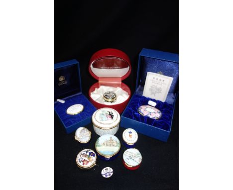 HALCYON DAYS ENAMELS; AN ENAMEL PILL BOX in a fitted presentation box and others similar