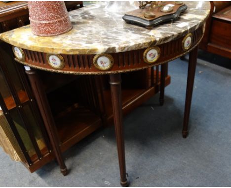 A DEMI-LUNE HALL TABLE, with a marble top and ceramic panels, 81cm wide