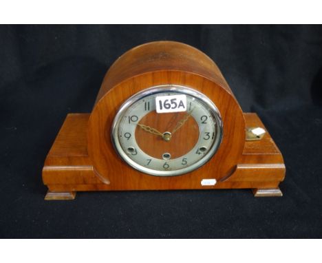 A 1930S ART DECO STYLE WESTMINSTER CHIME WALNUT CASED MANTEL CLOCK, with chrome bezel