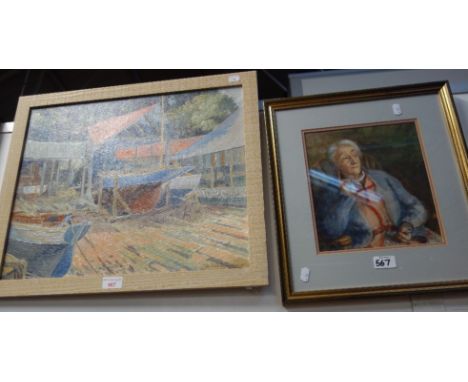 JOSIAH N.B. MOORE, A.R.C.A., Boat Building Yard, oil on board, signed and dated 1948, and a watercolour portrait 'A Retired P