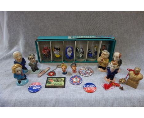 POLITICAL INTEREST; A SET OF "CUMMINGS" GLASSES, including Margaret Thatcher pushing the Tory party in a pram, ceramic cruets