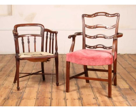 A Chippendale style mahogany ladder back elbow chair, h.94cm, together with another mahogany armchair, h.79cm