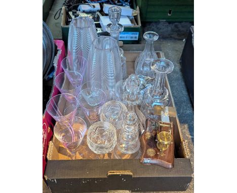 A collection of glassware, to include decanters, vases and a set of postal scales