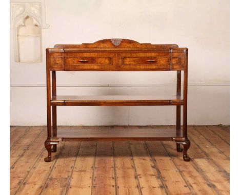 A walnut buffet, circa 1930, with burr wood drawer fronts, w.122cm