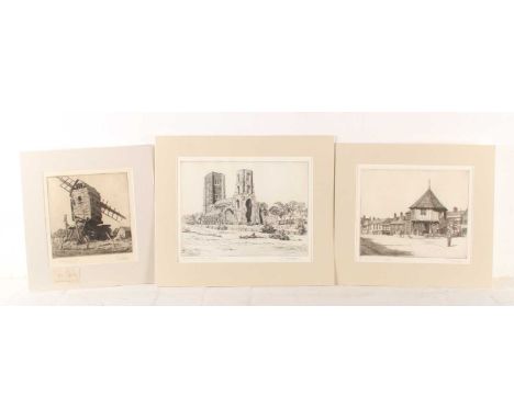 Henry James Starling (Norwich, 1905-1996), Wymondham Abbey, Norfolk, etching, together with another of Wymondham Market Cross