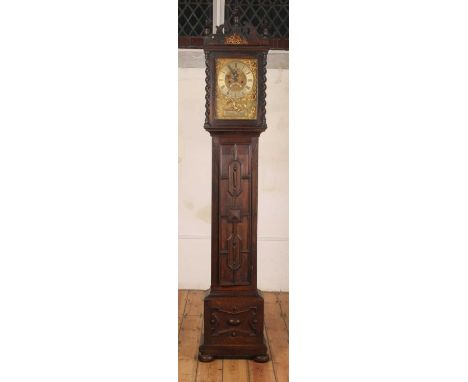 An oak cased longcase clock, the brass 9" chapter ring showing Roman numerals, signed William Newton, Londini Fecit, having a