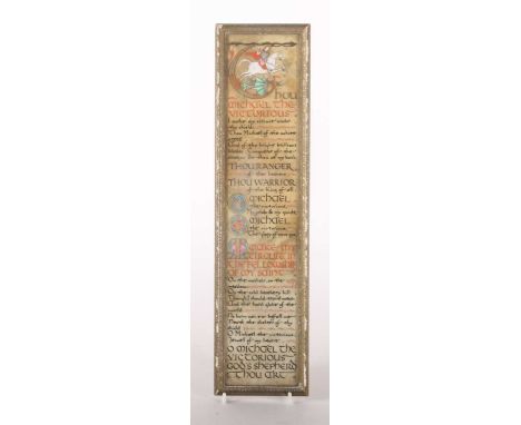 Margaret K Reynolds, Michael the Victorious, an illuminated manuscript on vellum, housed in a gilt frameManuscript is a bit d