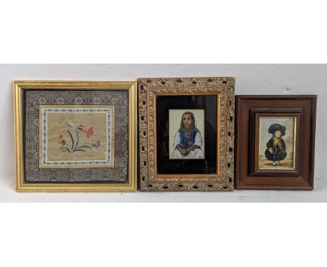 A portrait of a young girl, watercolour, housed in a gilt frame, together with a Chinese silk and a lithograph (3)