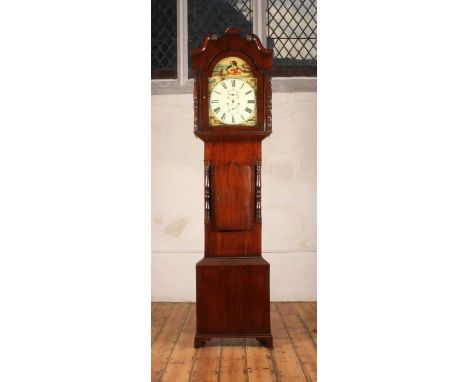 A mahogany longcase clock, 19th century, having a painted arched dial, with twin subsidiary dials, twin winding holes for an 