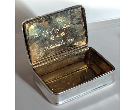 A Georgian silver pocket snuff box, of rectangular form, having a gilt-washed interior, inscribed The gift of my mother, 1st 