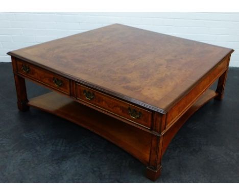 A square burrwood coffee table of large proportions,  with two frieze drawers and undertier, 48 x 122cm